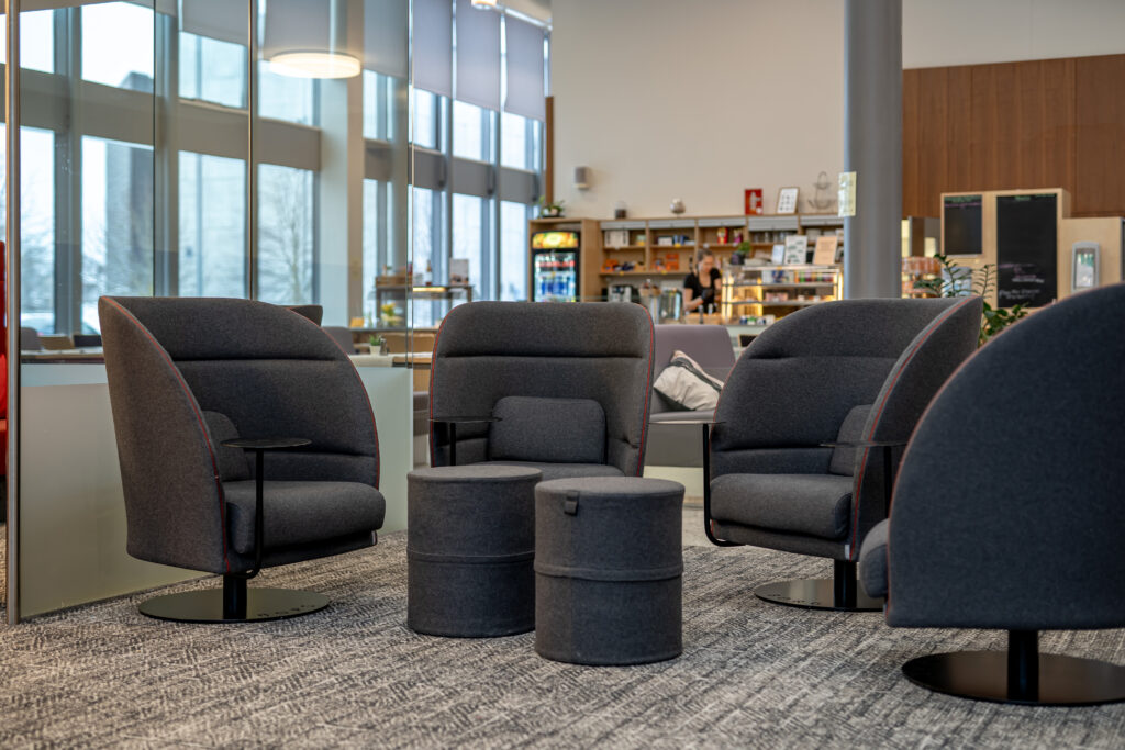 Hall polsterdatud lounge-toolide komplekt ümarate tumepunaste äärtega