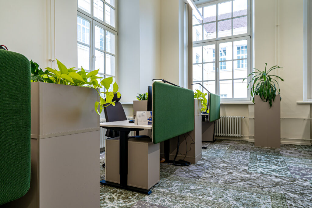 Kaasaegne avar kontor, kus töölaudu eraldavad rohelised vaheseinad ja taimed, ruumi valgustavad suured aknad