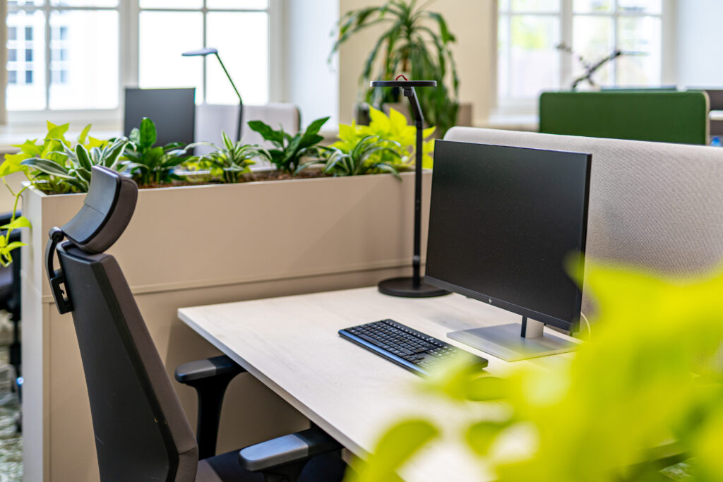 Hele ja roheline avatud kontor, kus töölauad on eraldatud taimekastidega