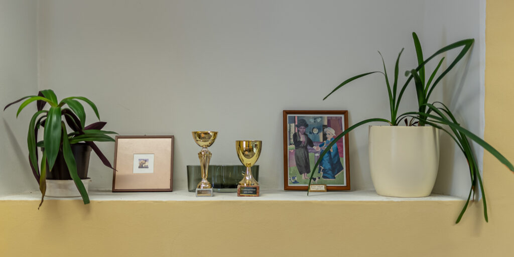 Aknaorva riiulil olev kompositsioon: toataimed, kaks kuldset karikat ja maaliga raamitud foto