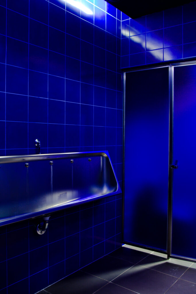 Roostevaba pissuaar sinisel seinal