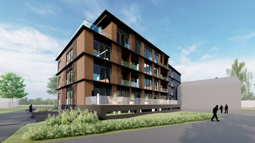 Moodne korterelamu puidust fassaadiga