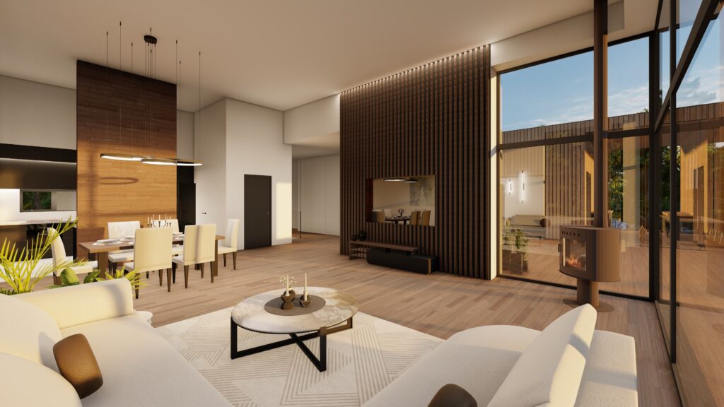 Kaasaegne elutuba ja söögiala avatud planeeringuga, kõrge lagi, kamin ja suured klaaspinnad.