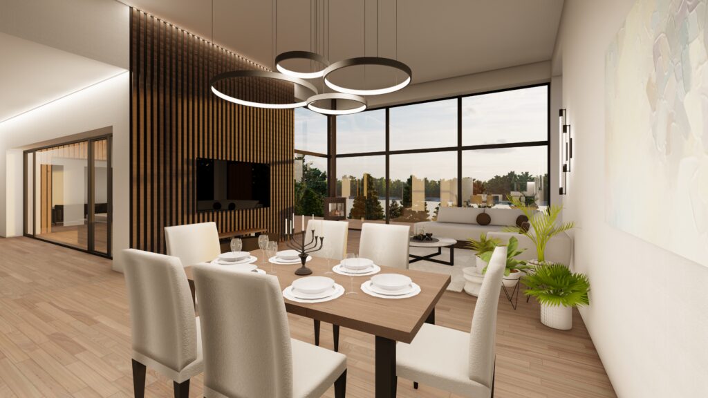 Kaasaegne söögituba avatud eluruumis, disainvalgustid, puitdetailid ja suured panoraamaknad.