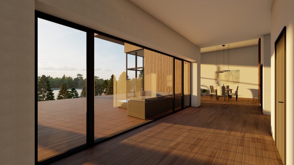 Avatud planeeringuga kaasaegne interjöör, klaasist lükanduksed terrassile ja soe päikeseloojangu valgus.