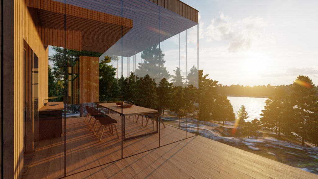 Klaasitud terrass järvevaatega, soe päikeseloojang ja kaasaegne puitarhitektuur looduskeskkonnas.