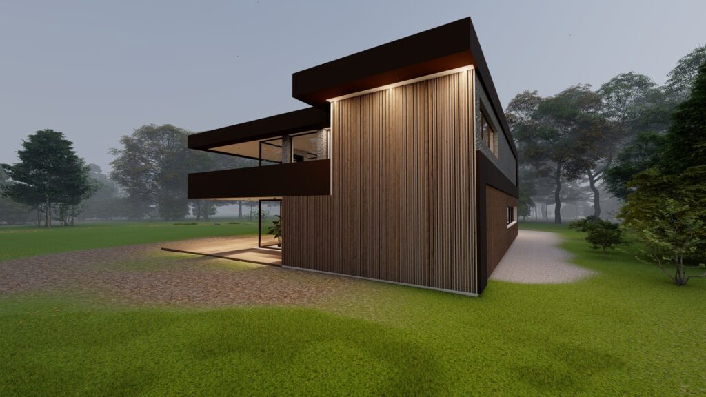 Moodne villa garaaži ja modernse välisvalgustusega