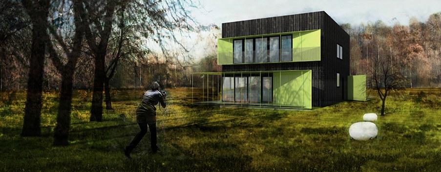 Planeerid oma maja? Alusta protsessist, mitte joonistest Kaasaegne eramu visualiseering: tumeda fassaadiga kuupmaja avatud maastikul